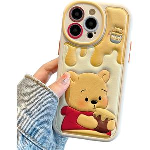 Compatible for iPhone 15 Pro Max Cartoon Case, Kawaii Cute Bear Case Silicone 3D Cover Strap Soft TPU Shockproof Protective for Kids Girls and Womens (Honey Bear)