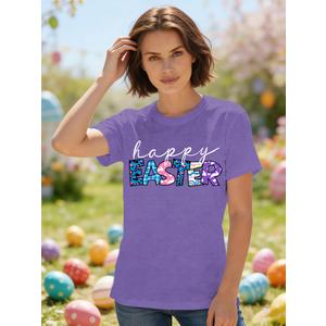 LuxLass Easter Shirts for Women Happy Easter Day T-Shirt Leopard Plaid Letter Print Tee Tops Purple XL