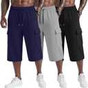 Neer 3 Pack Men's Capri Cargo Pants Big and Tall Baggy 3/4 Shorts Drawstring Below Knee Pants Summer Casual with Pockets (Blue, XXXL)