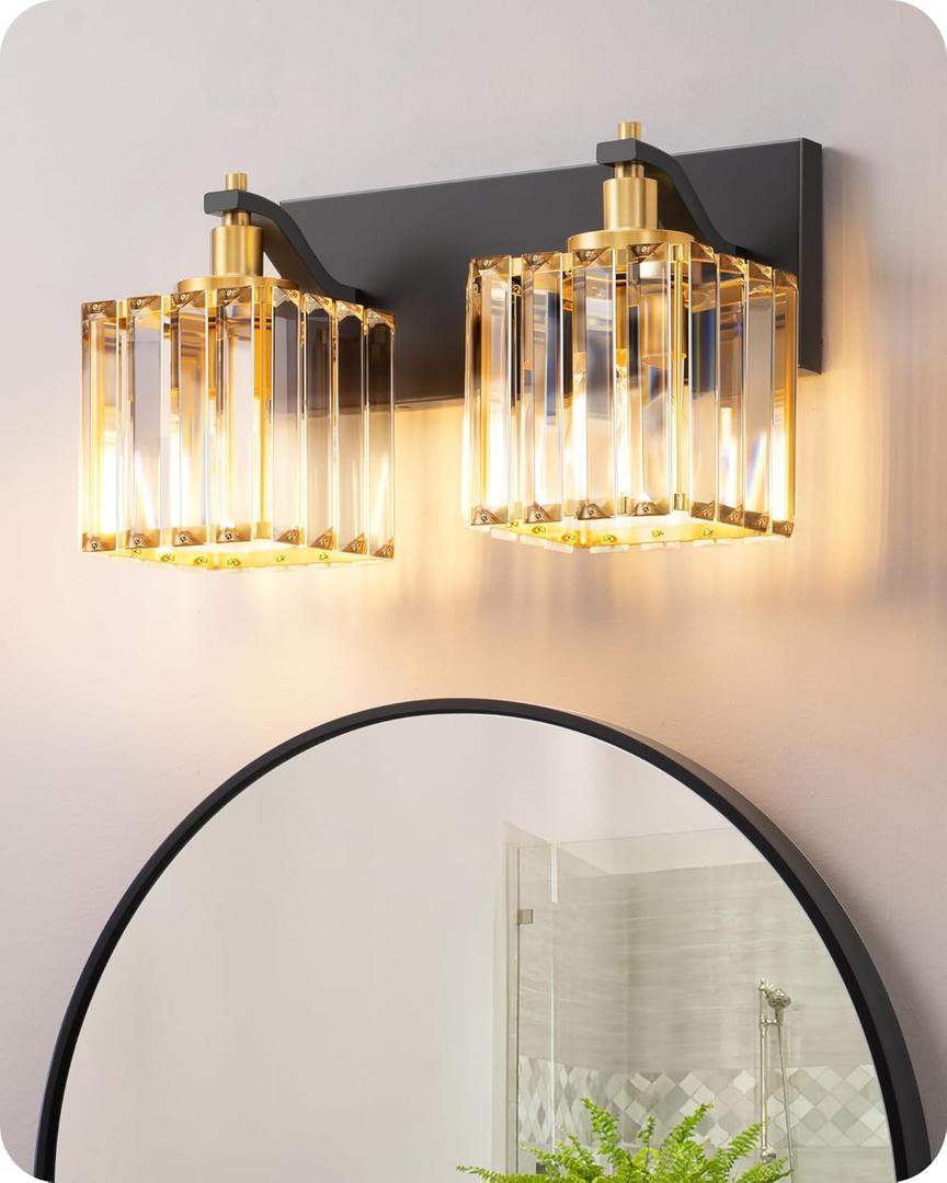 EDISHINE Bathroom Light Fixtures, Crystal Bathroom Vanity Lighting Fixtures Over Mirror, 2 Light Vanity Lights for Bath, Powder Room, E26 Base, Black Gold