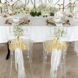 Mr & Mrs Sign for Wedding Chair Decor, Acrylic Gold Mr and Miss Sign,Photo Props, Freestanding Wedding Centerpiece Chair Letters Wedding Decorations for Anniversary,Engagement,Party (Gold, 0.2'')