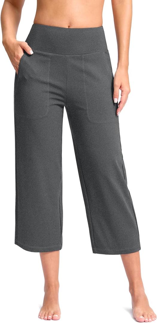 G Gradual Women's Capri Pants with Pockets High Waist Yoga Pants Wide Leg Workout Crop Summer Pants for Casual, Travel, Exercise(Charcoal, Inseam 21, M)