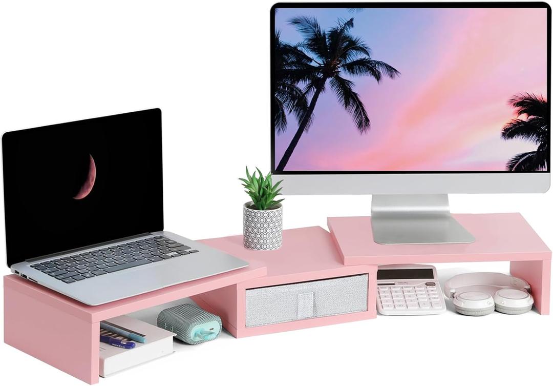 TEAMIX Pink Dual Monitor Stand Riser with Drawer - Length and Angle Adjustable Double Corner Desk Shelf Organizer 37 inch for 2 Laptop/PC/Screen/TV