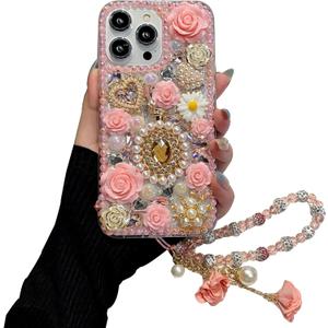 iFiLOVE for iPhone 16 Bling Diamond Case with Flower Strap, 3D Luxury Sparkle Glitter Crystal Rhinestone Pearl Love Rose Wristband Bracelet Case Cover for Girls Women Kids (Pink)