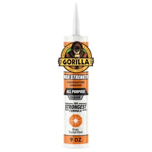 Gorilla Max Strength Construction Adhesive, Clear Glue, 9 Ounce Cartridge (Pack of 1) - Gap Filling and Waterproof