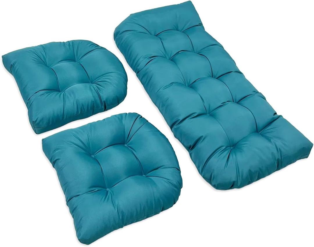 Wicker Chair Cushions, 3 Pieces Indoor Outdoor All Weather Waterproof Tufted Wicker Chair Cushions, 1 Loveseat and 2 U-Shape Cushions for Patio Furniture,Sky Blue