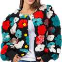 Angsuttc Women's Cropped Floral Bomber Jacket Puff Sleeves Lightweight Fleece Shacket Button Down Varsity Coat Outwear (Black&blue)