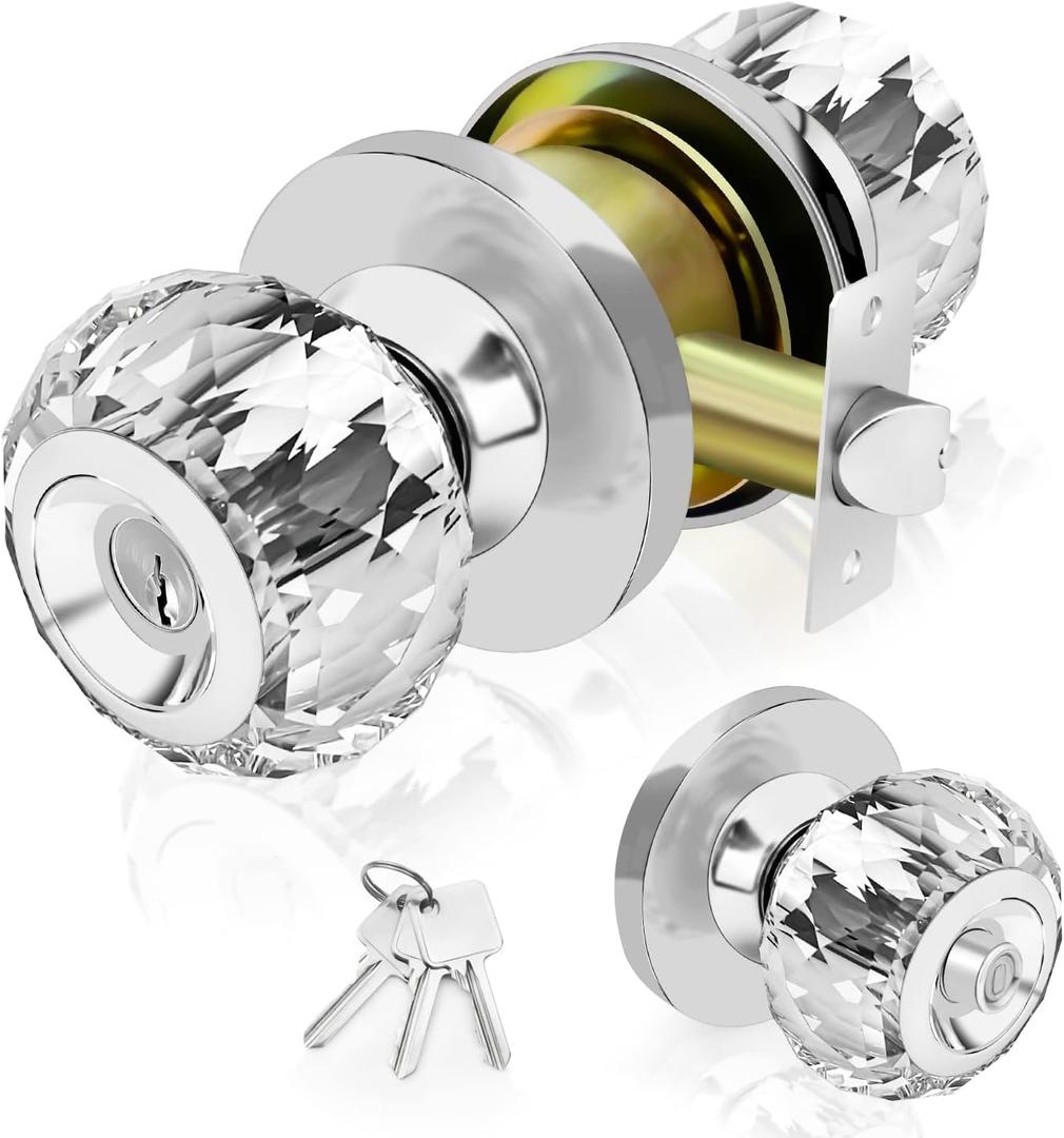 Crystal Door Knobs with Lock and Keys, Glass Door Knobs with Privacy Lock, Luxurious Diamond Door Knob, Classic Interior Glass Door Knobs for Bedroom Bathroom Closet  Satin Nickel, 1 Pack