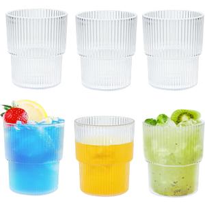 12 oz Plastic Drinking Glasses Set of 6, Reusable Unbreakable Ribbed Glassware, Shatterproof Stackable Ribbed Glasses Vintage Acrylic Glassware for Tea Juice Water, Dishwasher Safe