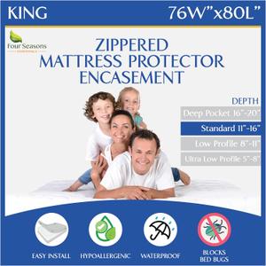 King Size Mattress Protector Bed Bug Waterproof Zippered Cover - Hypoallergenic Premium Quality Encasement Protects Against Liquids, Dust - Breathable, Noiseless White