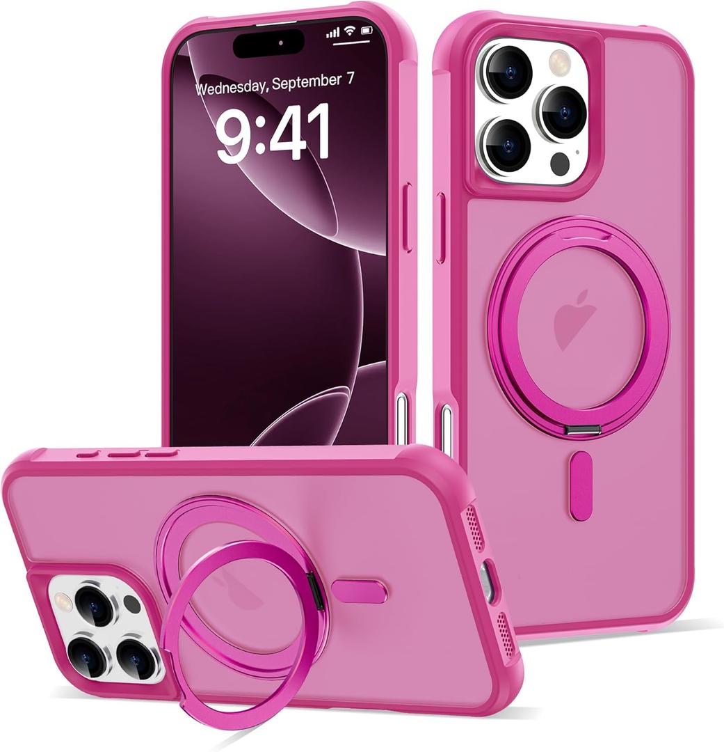 for iPhone 16 Pro Max Case with 360 Rotatable Magnetic Ring Stand [Compatible Mag-Safe] [Military Grade Protection] Translucent Phone Cases for Women Men 6.9'', Rose Red