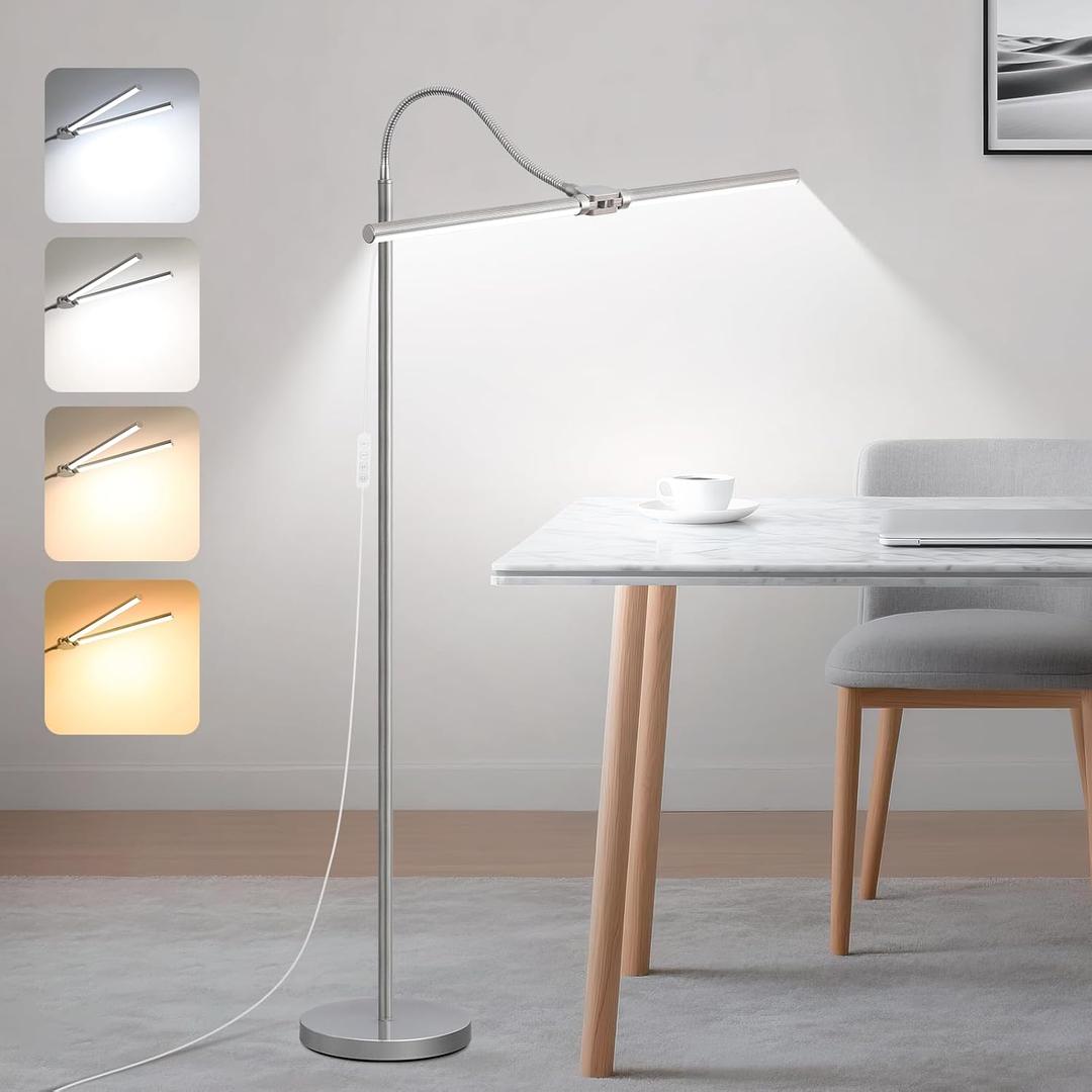 Bright Floor Lamp, 18W/2000LM Silver LED Floor Lamp with Double Head, Adjustable Gooseneck Dimmable Craft Light for Sewing Tatoo PuzzleEye Caring Reading Lamps for Living Room Bedroom Office