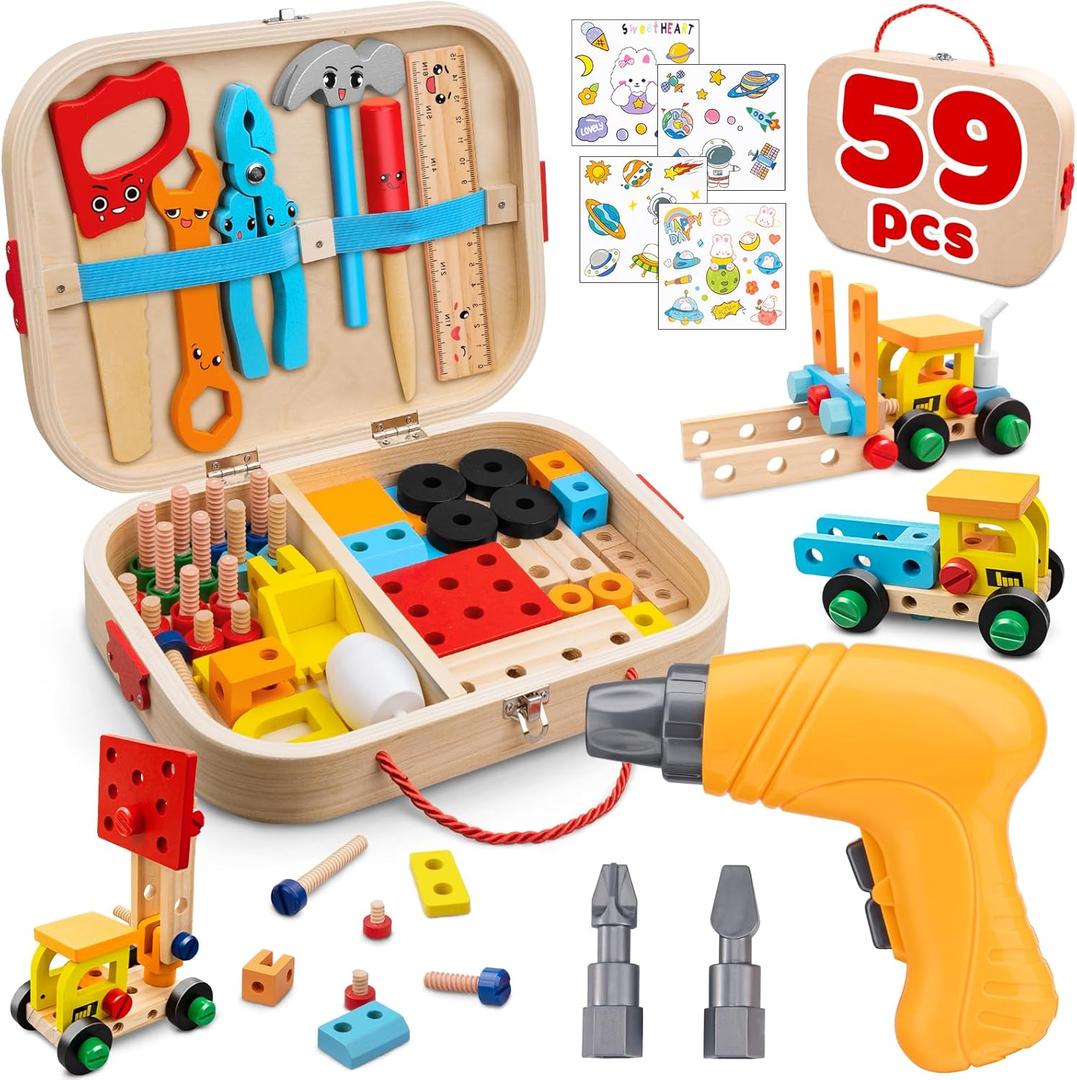 Kids Tool Set Toy for Boys - Educational Montessori Wooden Toddler Play Tool Box with Electric Drill - 59 Pcs STEM Construction Building Toys Christmas Birthday Gifts for 3 4 5 6 Year Old Boys Girls