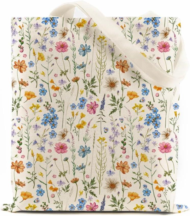 Wildflowers Canvas Tote Bag With Inner Pocket, Book Lover Gifts, Aesthetic Flower Book Tote Bag for Women Man Reading Shoulder Bag Grocery Bag Shopping Bag Beach Bag (Flower A)