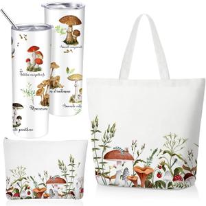 3 Pcs Plant Lover Tote Bag Gifts for Women 20oz Stainless Steel Tumbler with Straw Lid Makeup Bag for Teacher (White)