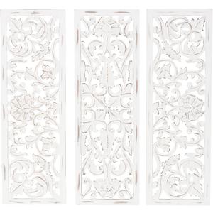 Deco 79 Wooden Floral Handmade Home Wall Decor Intricately Carved Wall Sculpture, Set of 3 Wall Art 12"W, 36"H, White