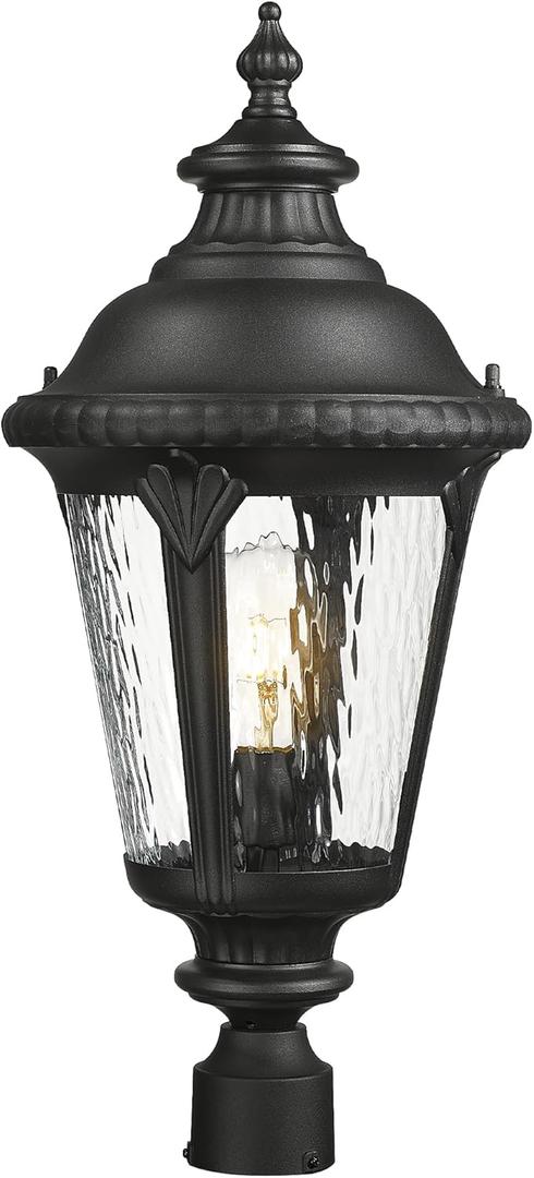 Emliviar 25" Lamp Post Light Fixture with Water Ripple Glass, Waterproof Outdoor Pole Light in Black Finish for Yard and Garden, XE265P-SW BK