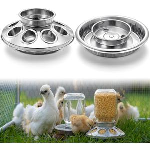 Potchen 2 Pcs Baby Chick Feeder and Waterer Base, Galvanized Steel Feeding Tray with 8 Holes, 1 Quart Compatible with Mason Jars & Standard Jars for Small Birds Chicks(Feeder and Waterer)