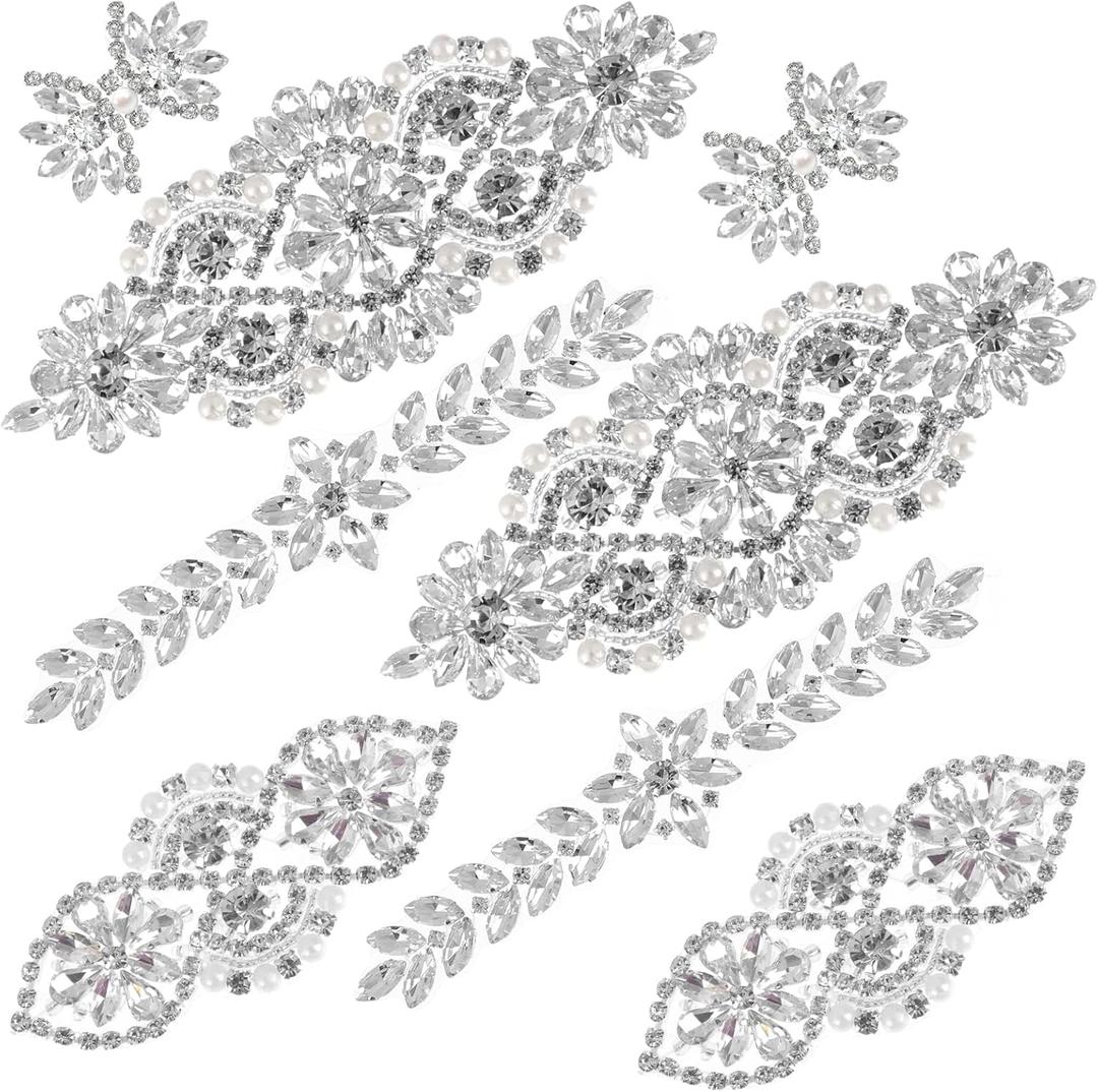 8 Pieces Crystal Rhinestone Appliques Silver Rhinestone Iron On Patch Hot Fix Applique for Bridal Wedding Dress Clothes Sash Crystal Belt DIY Sewing Appliques for Shoes