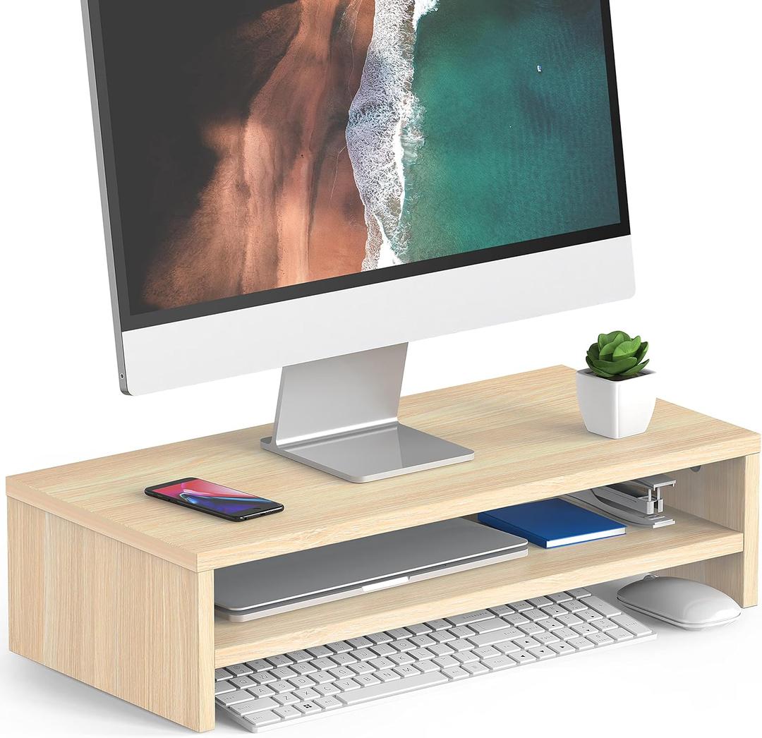 FITUEYES Monitor Stand - 2 Tier Computer Monitor Riser with 21.3 Inch Shelf, Wood Desktop Stand for Laptop Computer Screen, Desk Organization, Office Supplies (Oak)