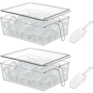 2 Set Ice Bin for Freezer with Lid and 2 Scoop Set Plastic Freezer Ice Bin with Pull-Out Handle Clear Storage Bucket Kitchen Food Storage Organizer for Home Office Fridge Kitchen