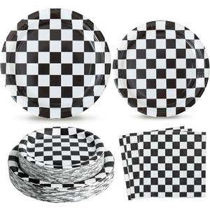 150PCS Race Car Birthday Party Decorations - Black and White Checkered Plates and Napkins for 50 Guests, Disposable Tableware Supplies for Birthdays, Game Day, and Racing-Themed Parties