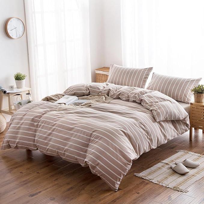 DONEUS 100% Washed Cotton Duvet Cover Set Super Soft Breathable Comfy Natural Linen Like Textured Bedding Set 3 Piece with Zipper Closure, Coffee Stripes Queen