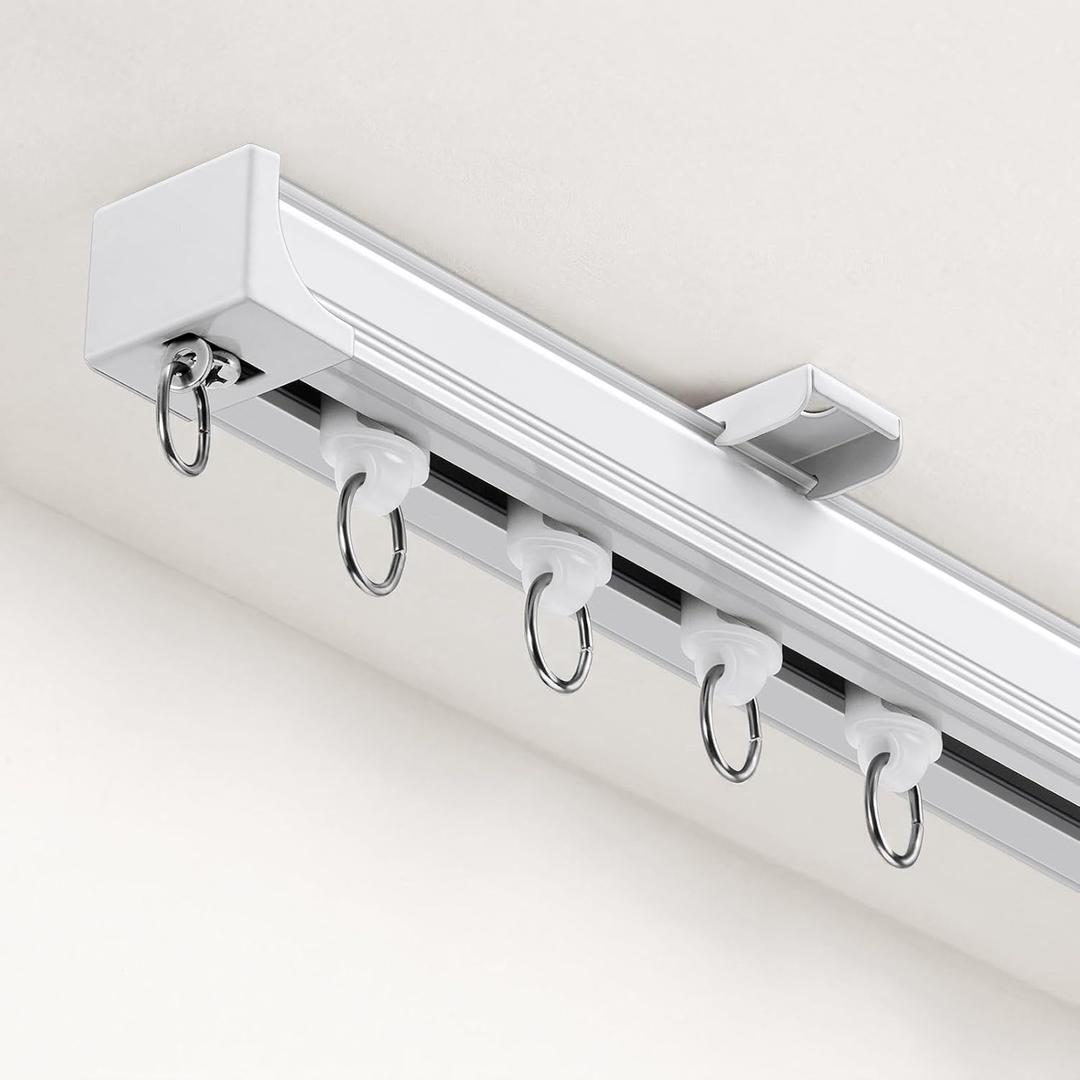 Curtain Track 6-9 ft Ceiling Curtain Track System Silent Heavy Duty Ceiling/Wall Mount Rail with 3 Types of Hooks and Clips Room Divider for Living Room, Bedroom, Bathroom (White)