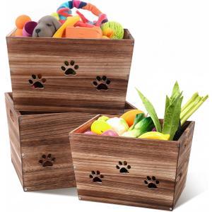 3 Pack Large Wooden Storage Crates Cube Bins 15.8 x 10.2 x 9.8 Inch Hollow Claw Rustic Wood Storage Boxes with Handles Dog Toy Basket Handmade Farmhouse Decorative Wood Crate for Display