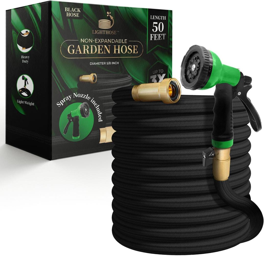 Garden Hose, NON-EXPANDABLE Garden Hose, Super Light Weight Hose, No Burst, 3/4 inch Solid Brass Connectors, 50 Ft, Black