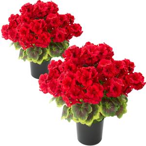 lovemoon 2 Pcs Geranium Potted Artificial Flowers, 19" Fake Geraniums Plants UV Resistant Silk Potted Plants for Outdoor Home Décor Office Porch Garden Decor (2, Red)