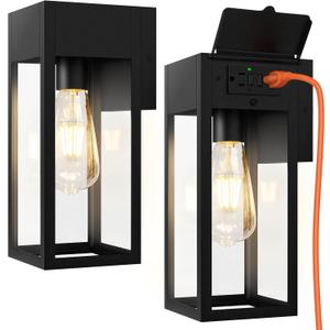 2 Pack Porch Lights Outdoor Wall Sconce, Outdoor Light with GFCI Outlet, Waterproof Exterior Wall Lantern Light Fixtures, Anti-Rust Wall Lamp with Clear Glass for Patio Doorway Garage- Black