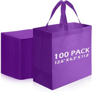 Reginary Reusable Totes Bags - 100 Pcs Non Woven Grocery Handle Bags for Shop Events & Retail Store(Purple)