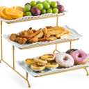 LAUCHUH 3 Tier Trays Stand, Porcelain Serving Trays Collapsible Sturdier Stand Serving Platters Dessert Table Display Set for Party, Entertaining, Thanksgiving, Christmas, Gold, 12.2 Inch