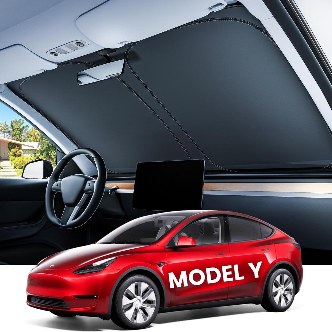 REEVAA 2025 Upgraded Tesla New Model Y (Juniper) Sunshade Windshield [Tailored Fit, 99% Sun Protection] Foldable Sun Shade Accessories with Storage Bag for Model Y 2016-2026, Silver Coating