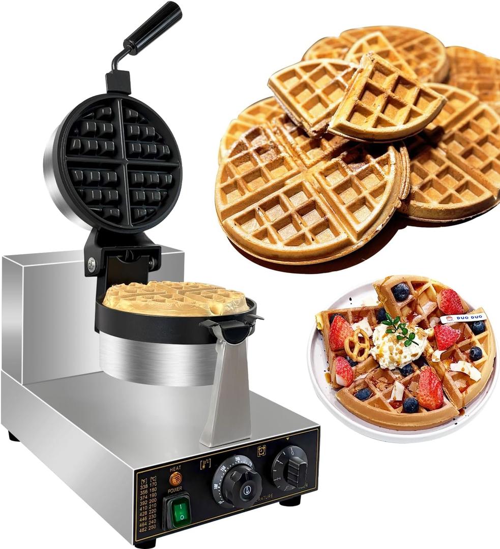 Commercial Waffle Maker, Professional Belgian Waffle Maker Round Waffle Iron Non-Stick 180 rotary Waffle Iron Machine With Temp and Time Control, for Restaurant Bakeries Kitchen Home 110V 1300W