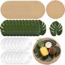 48 Pcs Palm Leaf Placemat Plate Set Tropical Party Decor Luau Havana Night Artificial Monstera Tree Round Burlap Tablemat Name Card Dinnerware for Summer Hawaiian Jungle Wedding Birthday