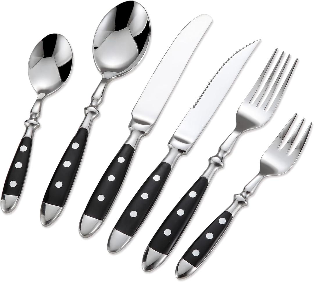 24-Piece 18/0 Stainless Steel Silverware set,Vintage Flatware set with Bakelite Handle,service for 4,Cutlery set (Black)