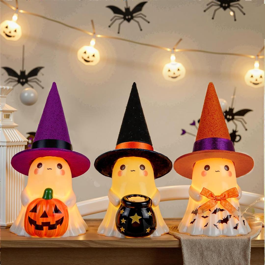 Halloween Decorations Indoor,3Pcs Cute Spooky Ceramic Ghost Halloween Decorations,Ghost Figurines with Hats - Adorable Tabletop Decor for Mantel,Party, Home, Porch Decor