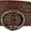 BC Belts Distressed and Embossed Brown Teal Leather Belt with Rhinestone Ring Buckle - Vintage Western Style for Women