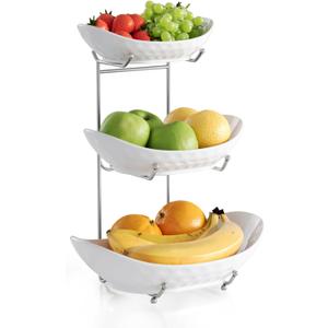 Fruit Bowl, 3 Tier Ceramic Fruit Basket, 3 Tier Serving Stand Serving Bowl with Metal Rack, Porcelain Kitchen Bowls for Fruit Vegetable Snack Nuts Dessert Cake Tray for Party Wedding, White