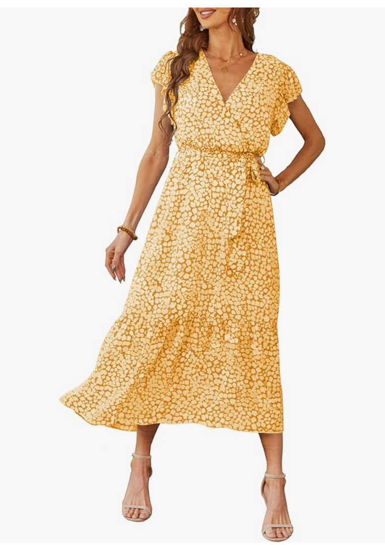 PRETTYGARDEN Women's Summer Floral Boho Maxi Dress Wrap Short Sleeve V Neck Ruffle A-Line Flowy Wedding Guest Long Dresses M