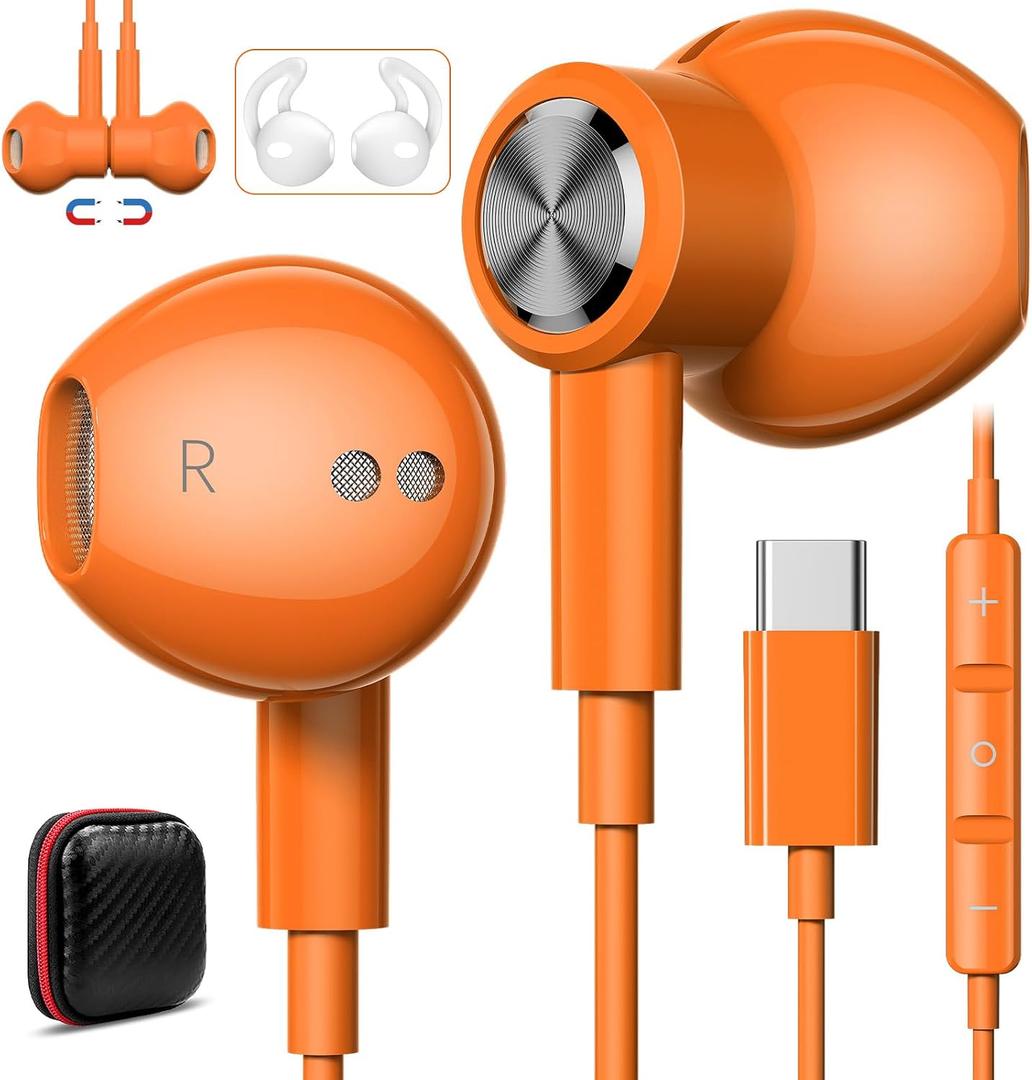 USB C Headphones with Microphone for iPhone 17 Pro Max 17e 16e 16 15 Plus,Type-C Headphones for Google Pixel 10a Wired Earbuds Magnetic Sport Earphone for iPad/OnePlus 15/Samsung S26 S25 Flip 6 Fold 7