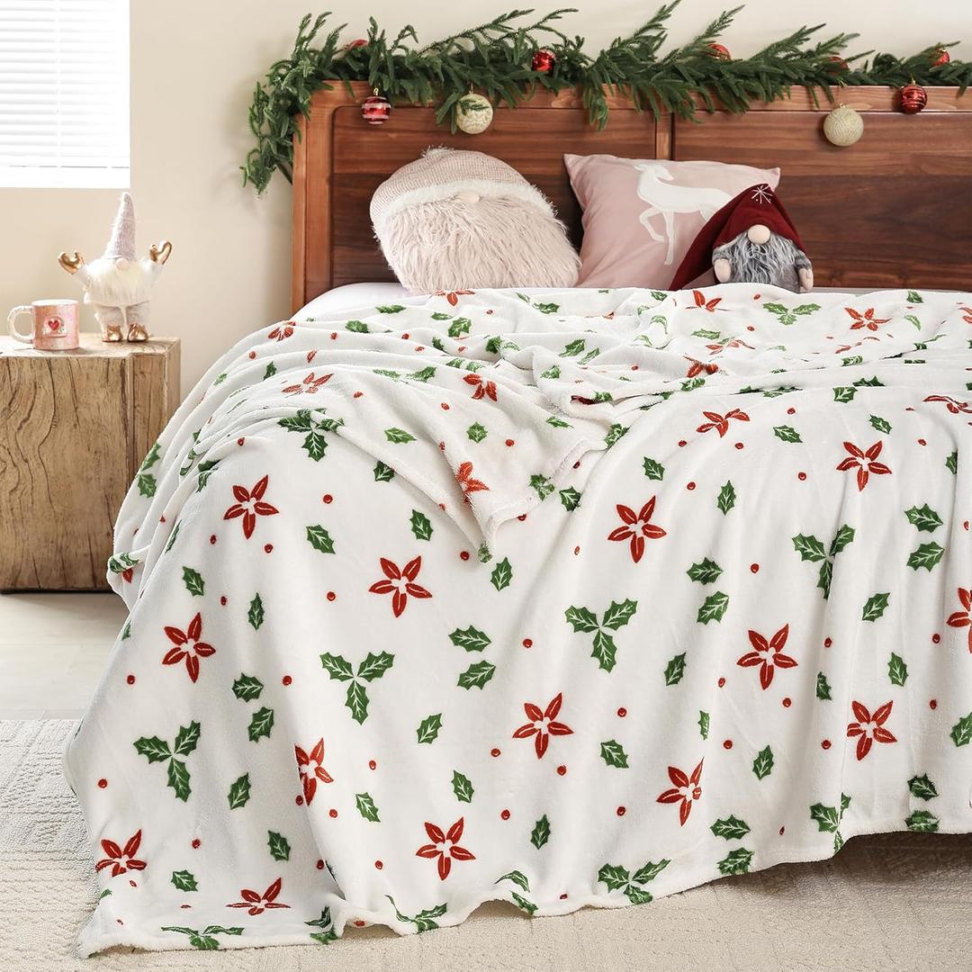 Christmas Fleece Print Queen Size Blanket for Bed, Super Soft Plush Cozy Fuzzy Red Floral and Green Leaves Printed Blankets for Couch Sofa Bed, Home, Microfiber Flannel, All Seasons 90x90 Inches (Flower)