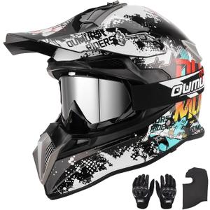 OUMURS DOT Adult Dirt Bike Helmet with Goggles Gloves & Mask Adjustable Sun Visor Motorcycle Adult ATV Helmet Off-Road Motocross Downhill Moped MX BMX for Unisex Adult-188-White Cowboy, M