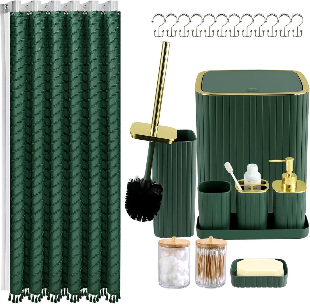 Bathroom Accessories Set-23Pcs Set, Complete Bathroom Decor & Home Decor, Bathroom Set with Toilet Brush, Trash Can, Soap Dispenser,Modern Bath Essentials (Green, Bath Set+Shower Curtain&Liner Set)