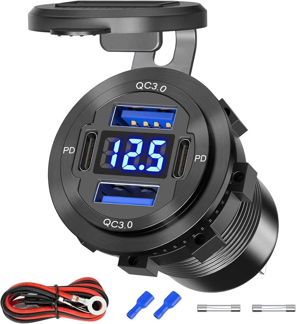 84W 4-Port 12V/24V USB Car Charger Socket with Dual PD3.0 & Dual QC3.0 Fast Charging, Aluminum Alloy Waterproof USB C Outlet with LED Voltmeter, Compatible for Cars Boats Trucks RVs Motorcycles Marine