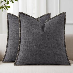 decorUhome Summer Decorative Throw Pillow Covers 20x20 Set of 2 Square Faux Linen Farmhouse Pillow Covers with Stitched Edge Outdoor Neutral Pillow Covers for Couch Sofa Living Room, Dark Grey
