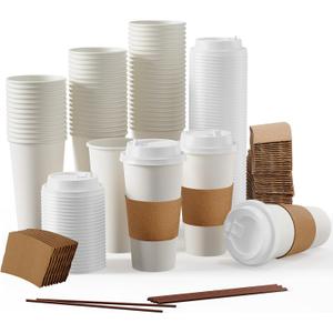 JOLLY PARTY [50 Pack] 20 oz Paper Coffee Cups, Disposable Paper Coffee Cup with Lids, Sleeves, and Stirrers, Hot/Cold Beverage Drinking Cup for Water, Juice or Tea, Suitable for Home, Shops and Cafes, 50 Count