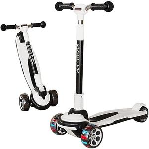 CLrkualn Kick Scooter for Kids Ages 3-12, 5 Adjustable Height Foldable Scooter with 3 LED Light Wheels, Outdoor Activities for Toddlers Boys Girls, Max Load up to 240 lbs (Black and White)